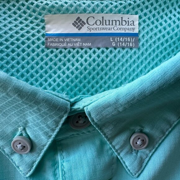 Columbia PFG Boys Large Shirt Omni-Shade Sea Foam Button Fishing - Picture 5 of 6